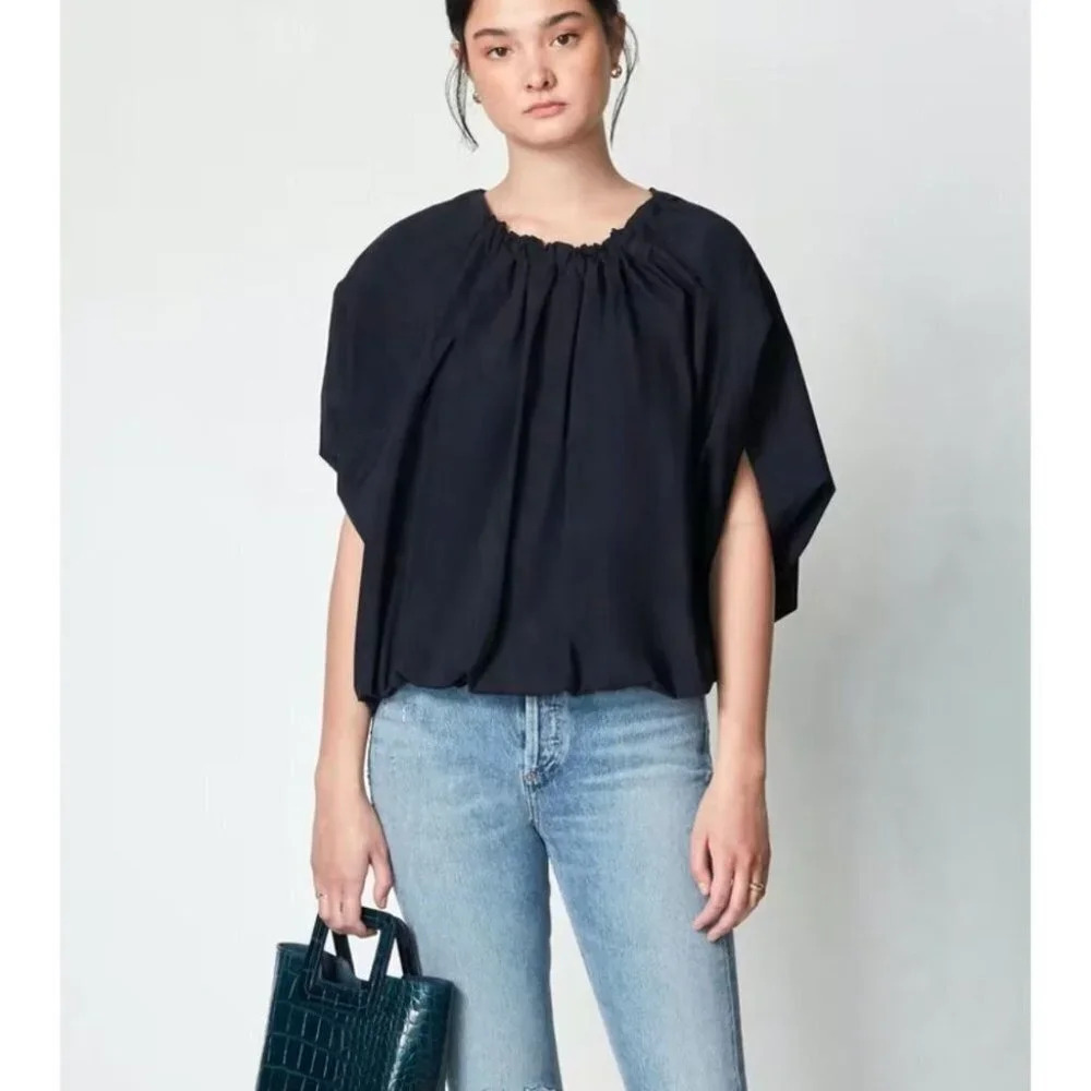 DÉ‎ MOO NWT Lair Shirring Top Round Neck Size 38 Relaxed Fit Short Sleeve Blue